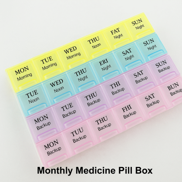 Monthly Medicine Pill Box Organizer – 28 Compartments (Morning, Noon, Night, Backup)